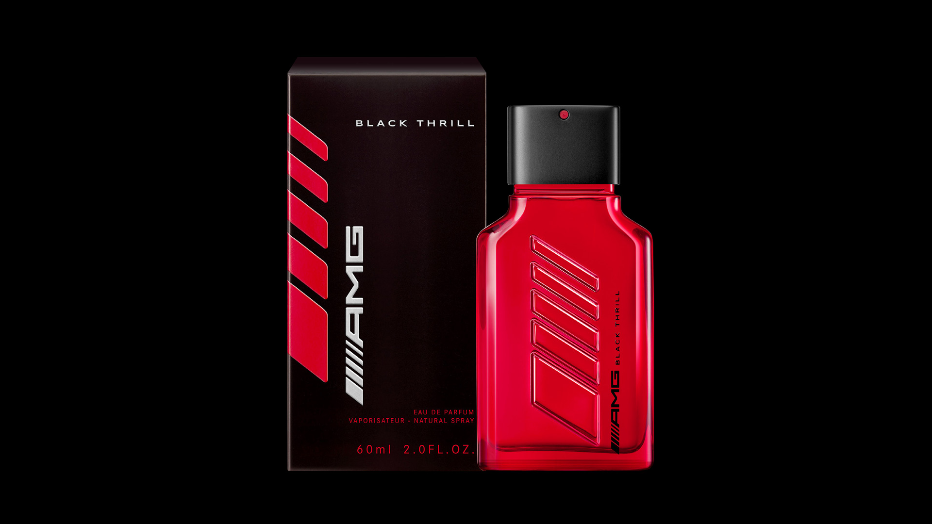 Mercedes Collection miesten hajuvesipullo ja pakkaus AMG Black Thrill 60 ml.