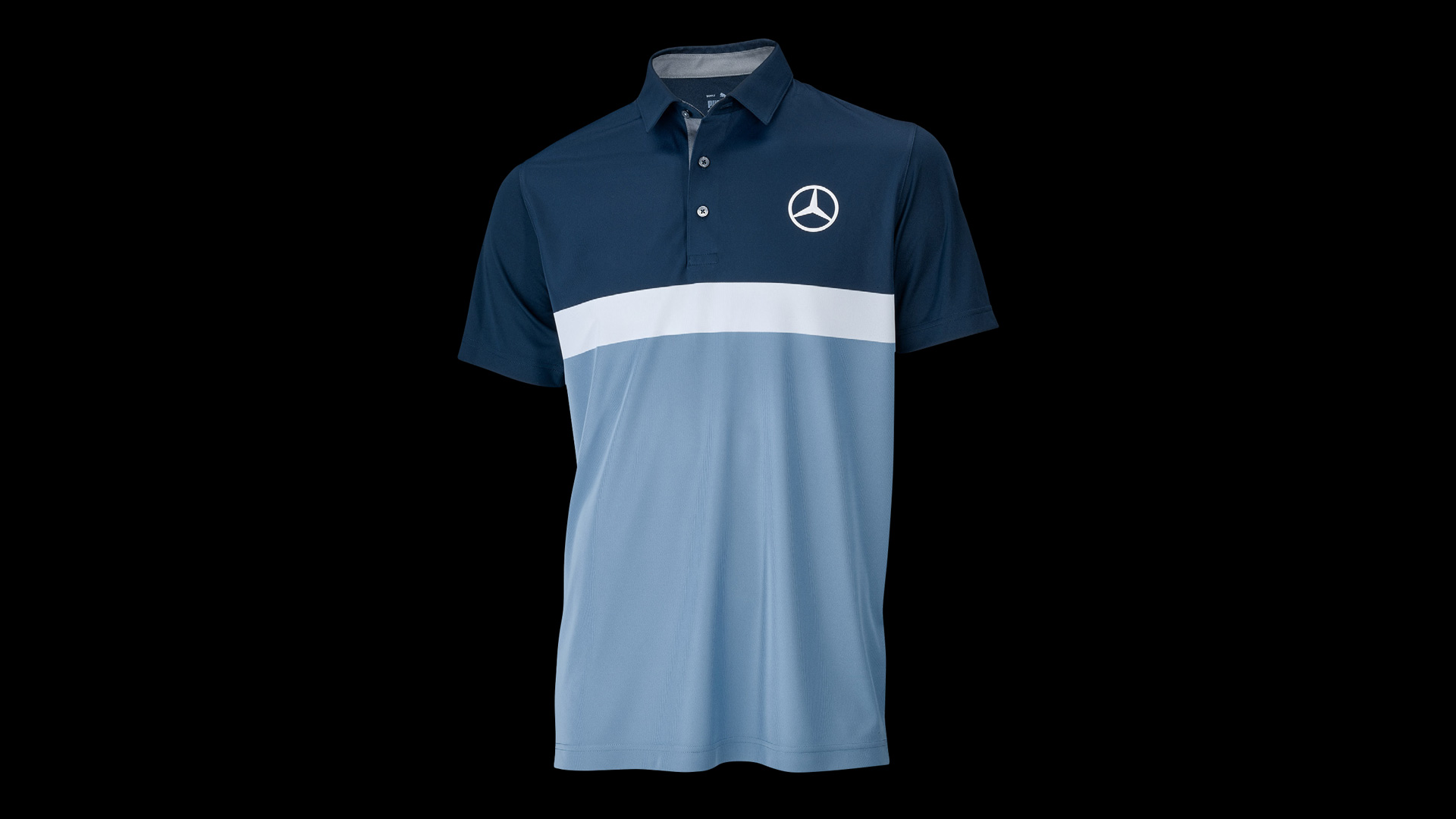 Mercedes-Benz Collection miesten lyhythihainen tekninen pikeepaita tummansini-valko-vaaleansinen.