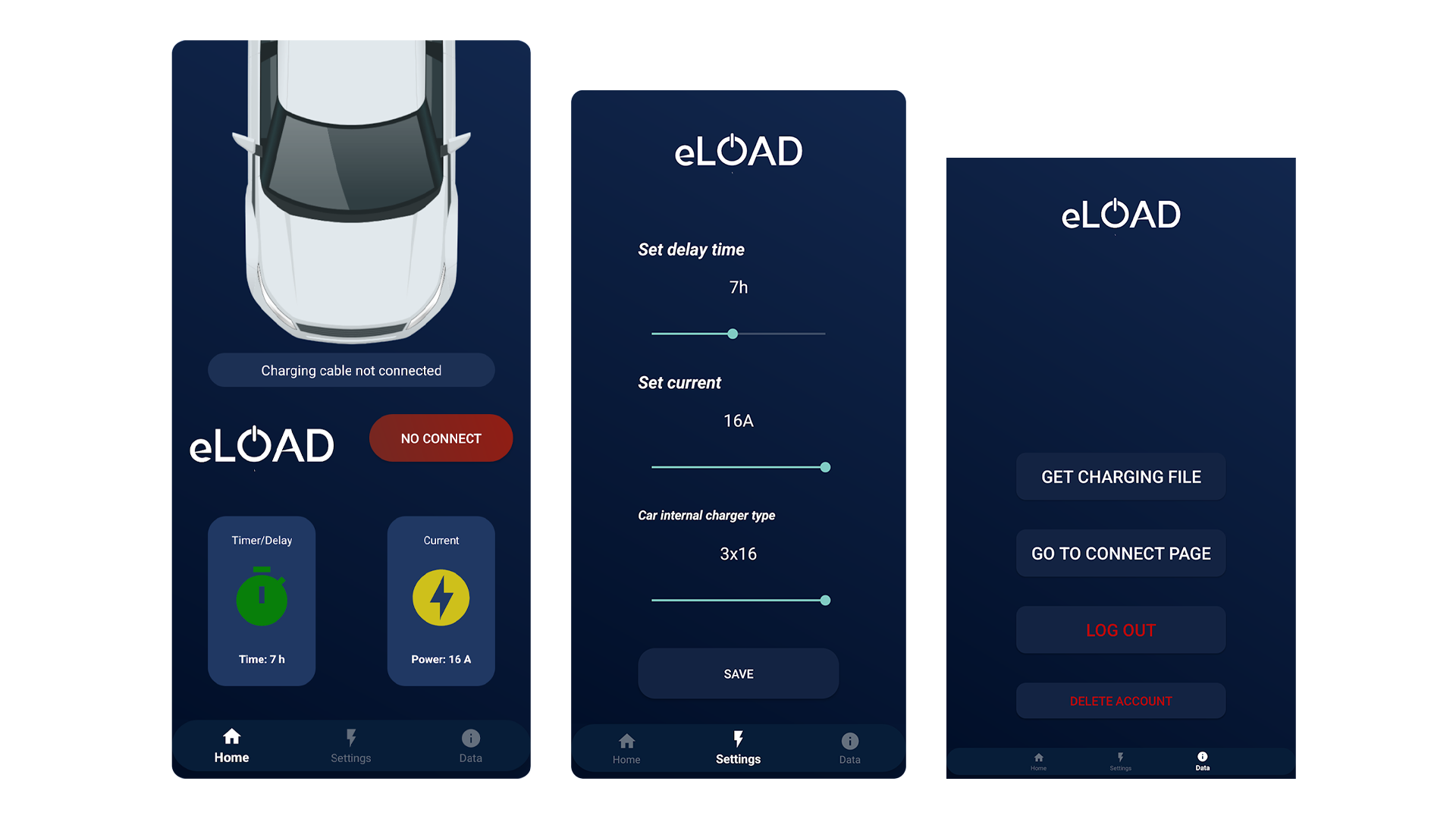 Näkymä puhelimen eLOAD Charging -sovelluksen eri näytöistä.