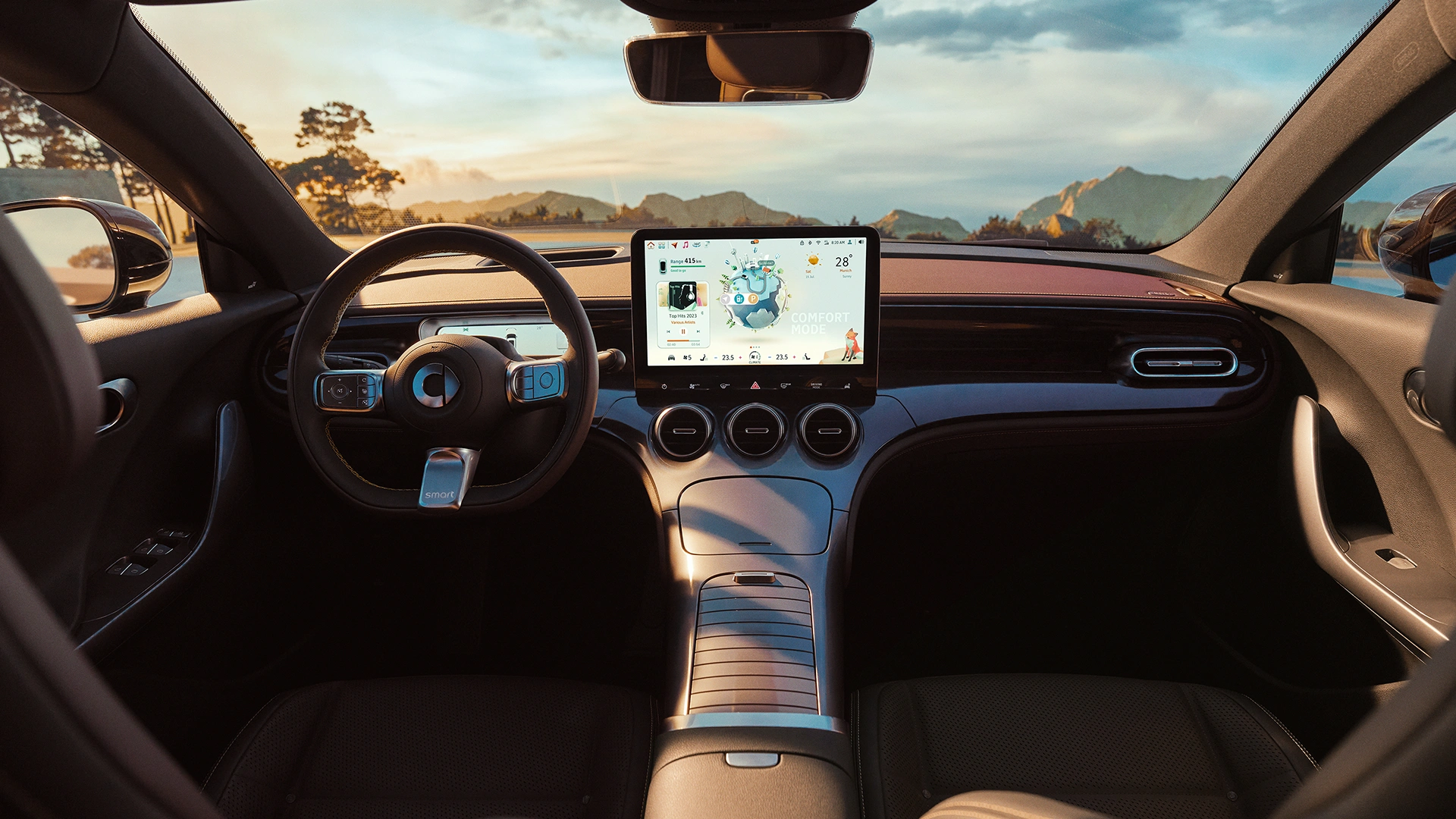 smart #3 henkilöauton kojelauta takapenkiltä kuvattuna.