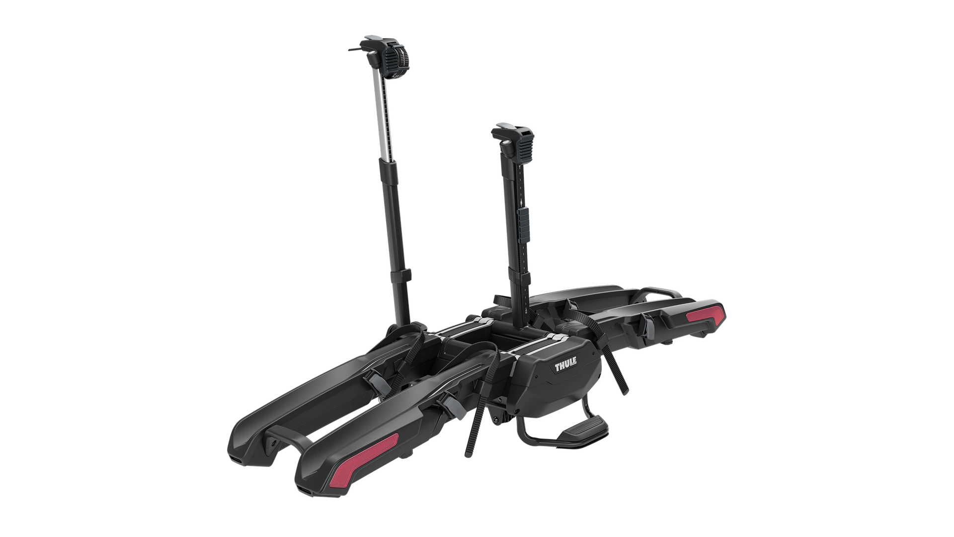 Auton vetokoukkuun kiinnitettävä Thule Epos-polkupyöräteline valkoisella taustalla.